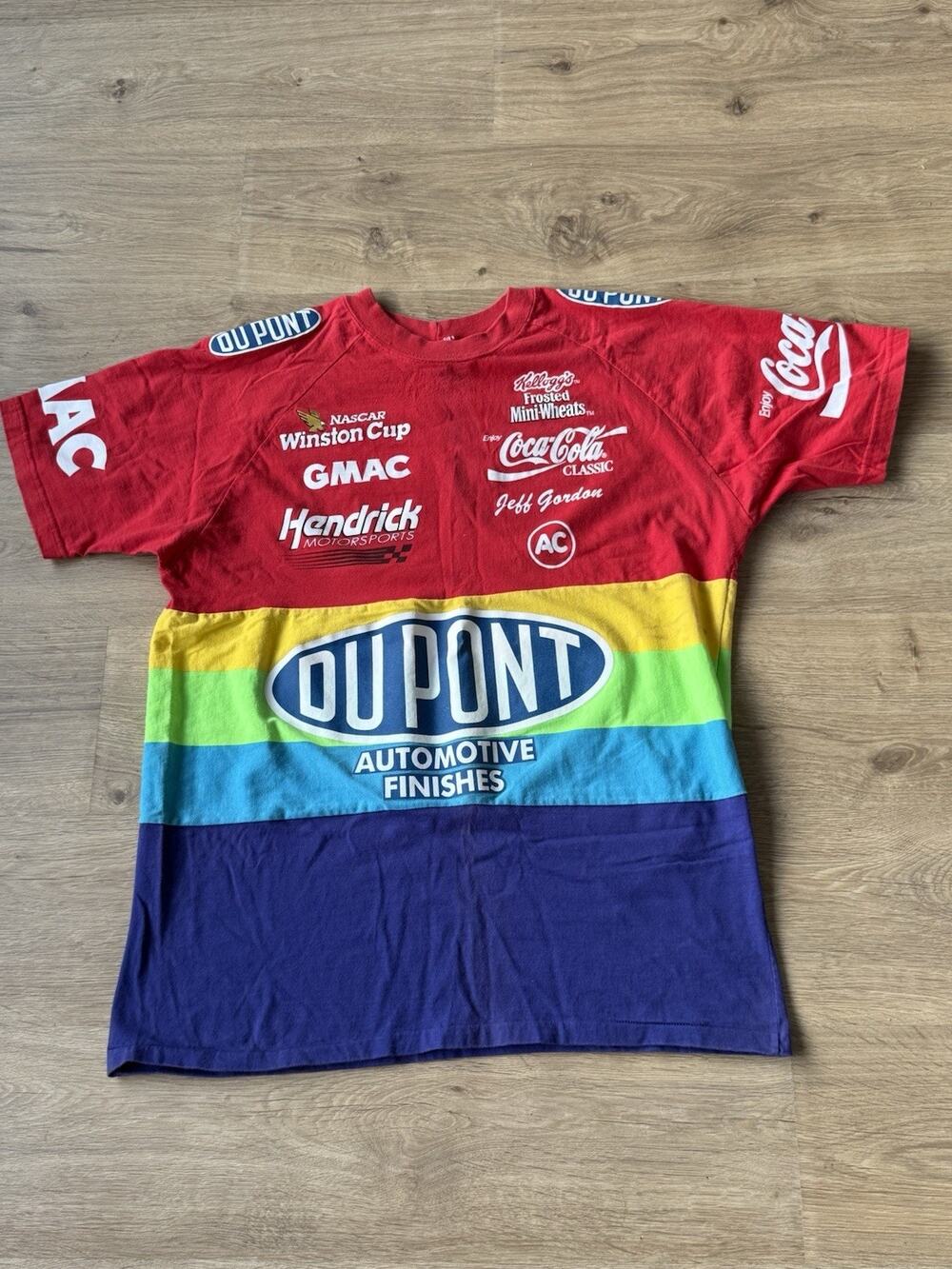Vintage Jeff Gordon DUPONT Rainbow Striped NASCAR T-Shirt Racing Made in USA XL